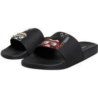 Schwarze Slide Sandalen mit Charakter-Applikation