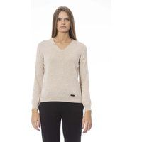 Beiger Feinstrickpullover mit V-Ausschnitt