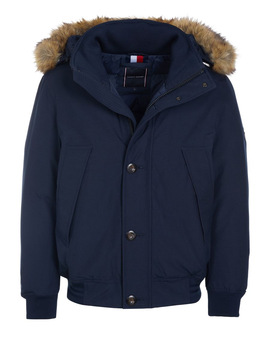 Marineblaue Bomberjacke mit Kapuze und Wattierung