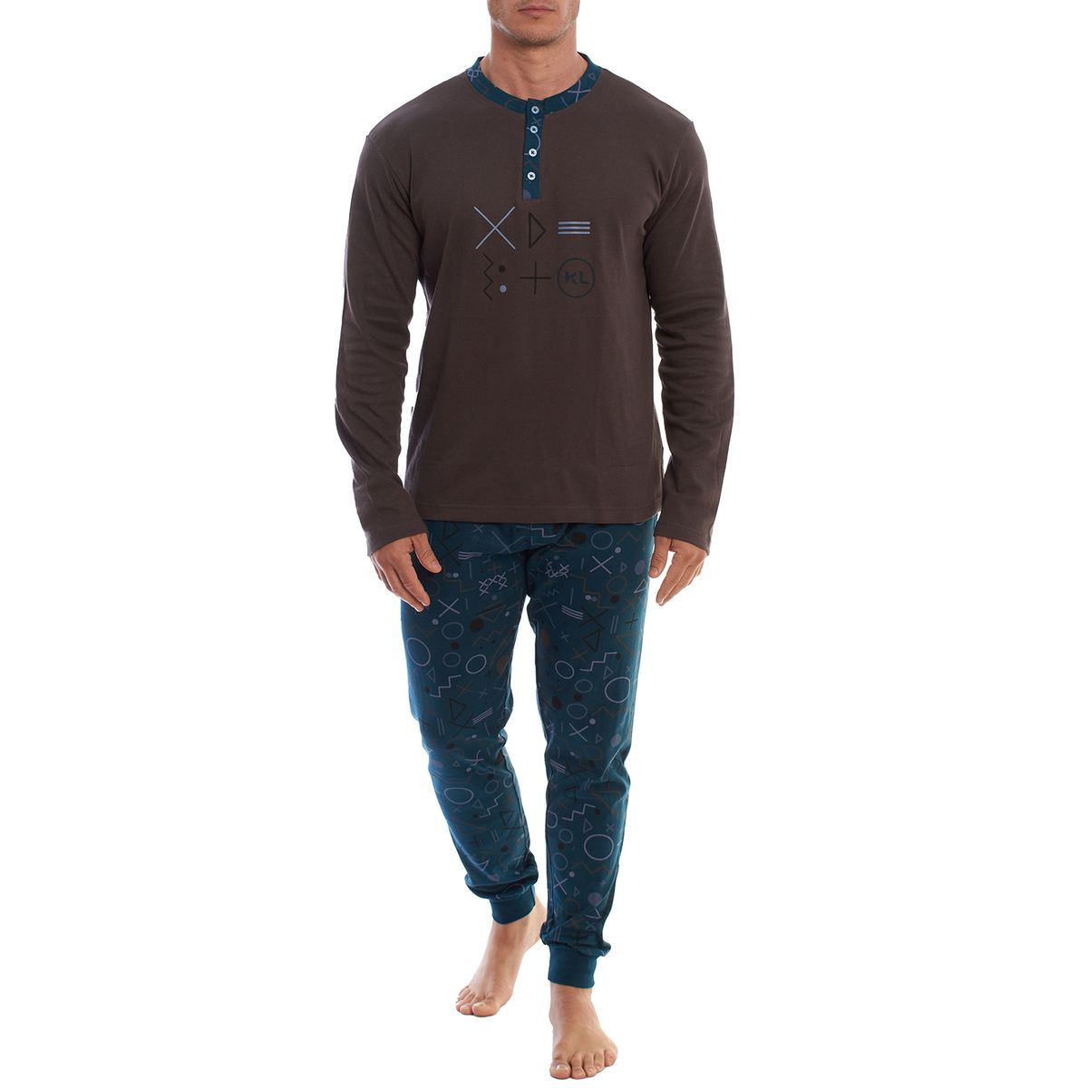 Herren-Langarm-Henley-Pyjama-Set