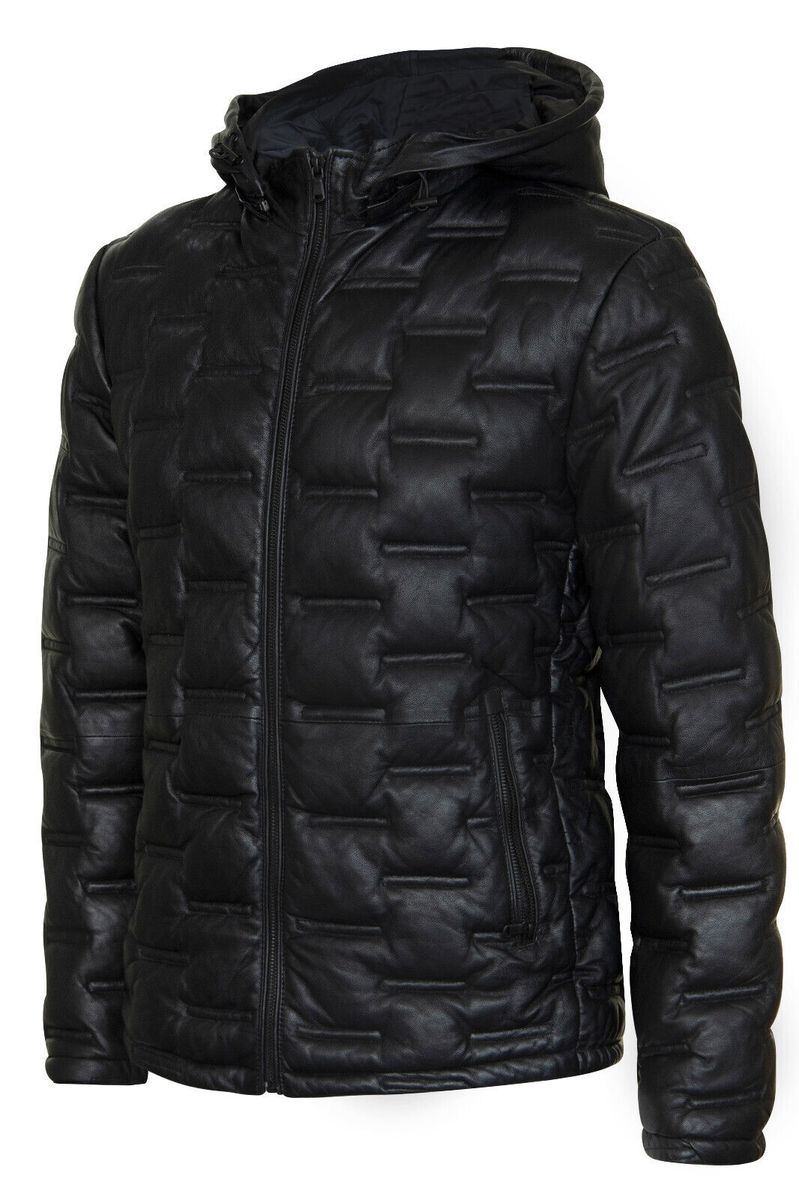 Gesteppte Leder-Pufferjacke mit Kapuze