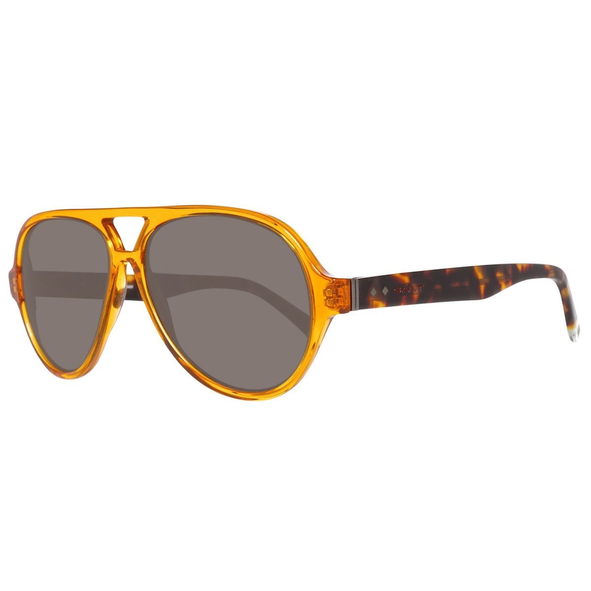 Orangefarbene Pilotenbrille mit Schildpatt-Bügeln