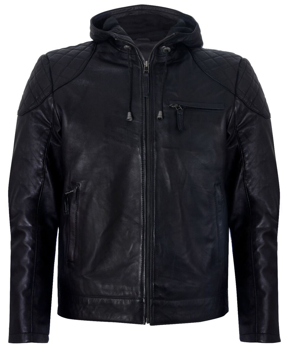 Leder-Bikerjacke mit Kapuze