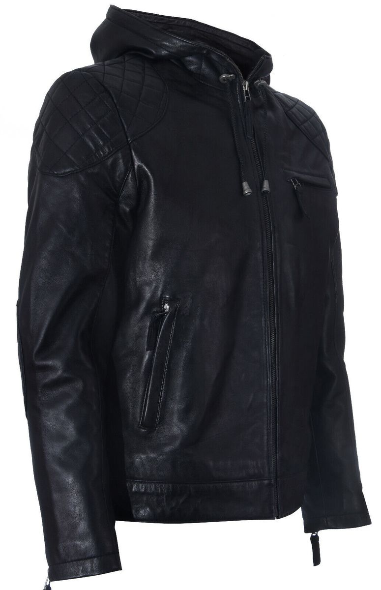 Gesteppte Leder-Bikerjacke mit Kapuze
