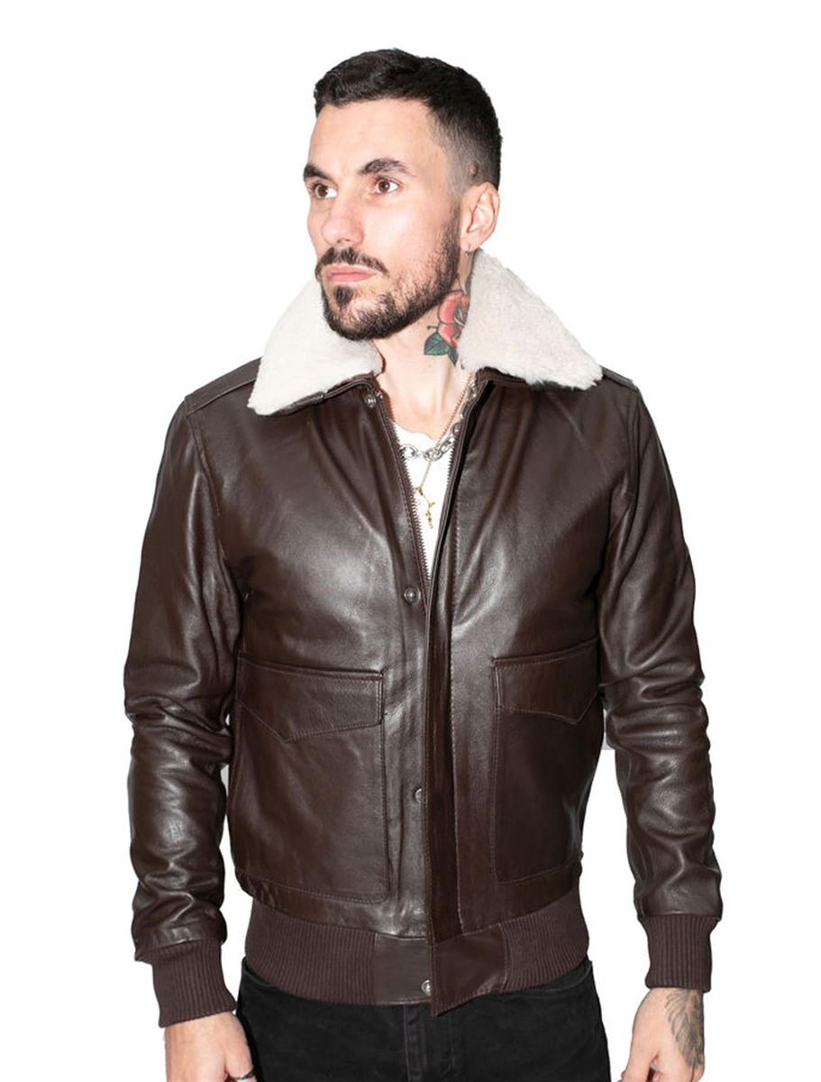 Herren-Lederbomberjacke mit Shearling-Kragen