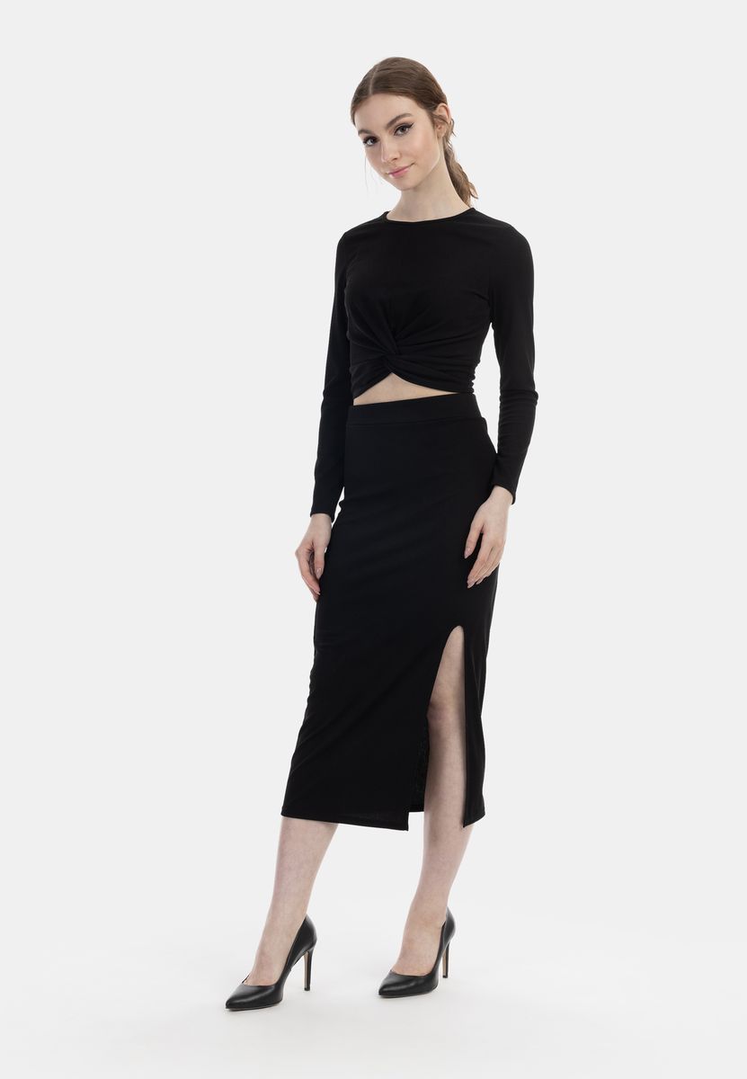 Gerippter Jersey-Midi-Rock mit Schlitz