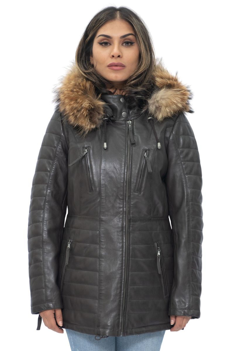 Gesteppter Damenparka aus Leder mit Fellkapuze