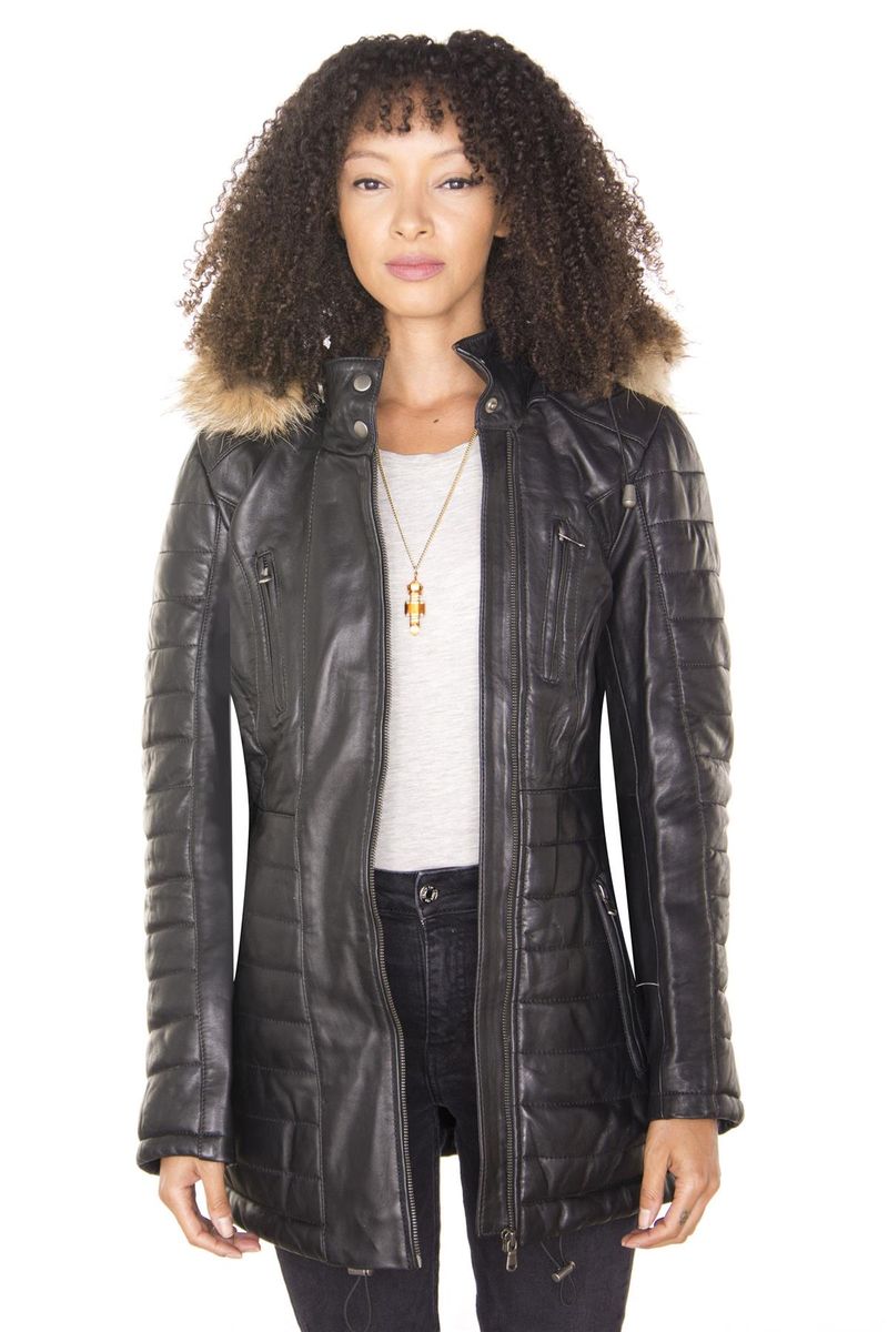 Gesteppter Nappa-Lederparka mit Fellbesatz