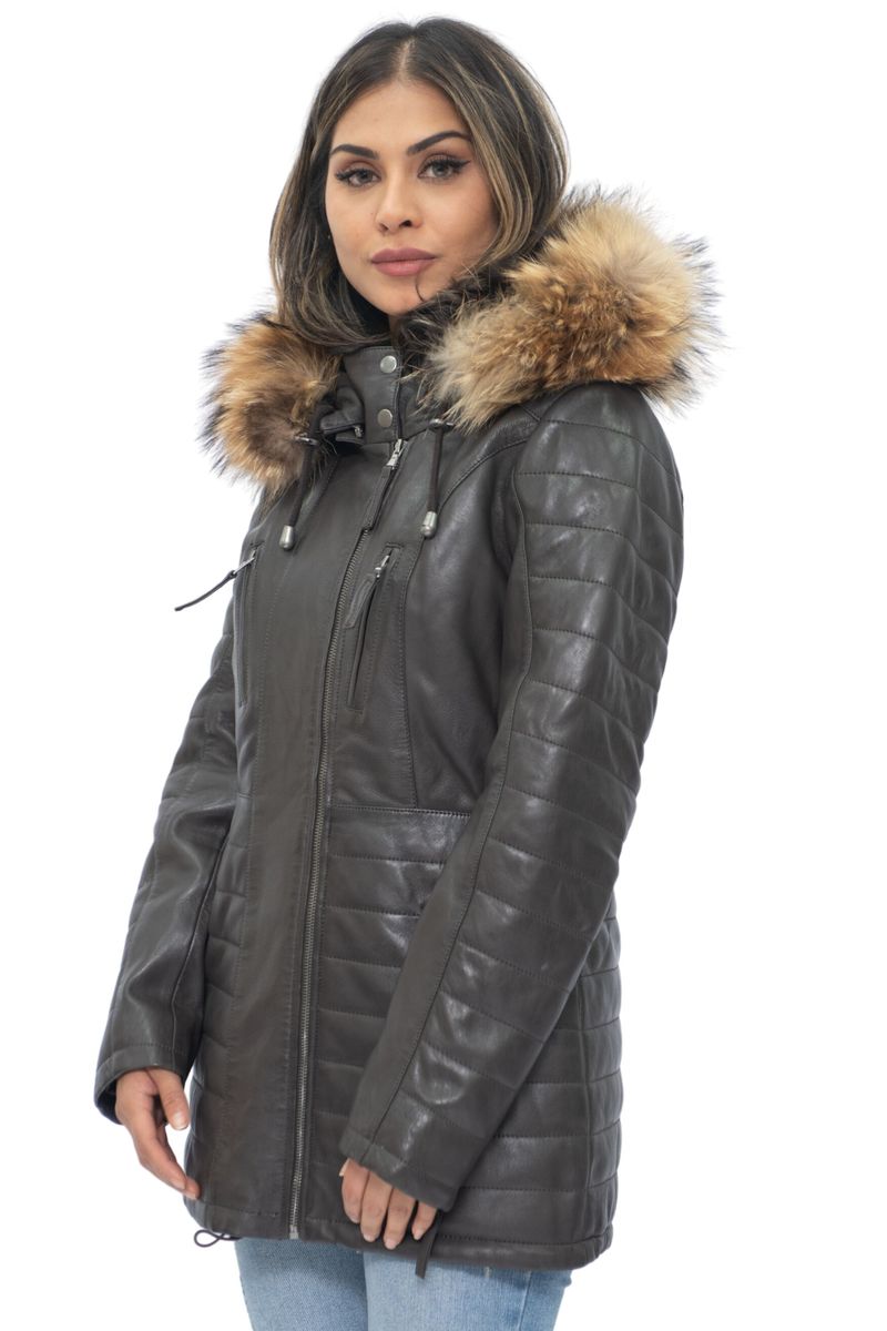 Gesteppter Nappa-Lederparka mit Fellbesatz
