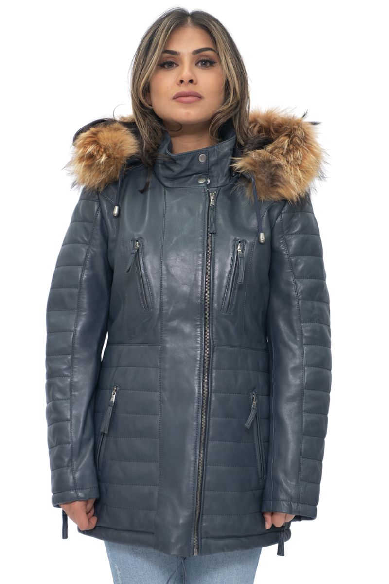 Gesteppter Damenparka aus Leder mit Fellkapuze