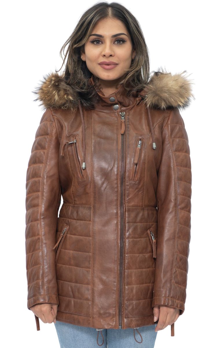 Gesteppter Damenparka aus Leder mit Fellkapuze