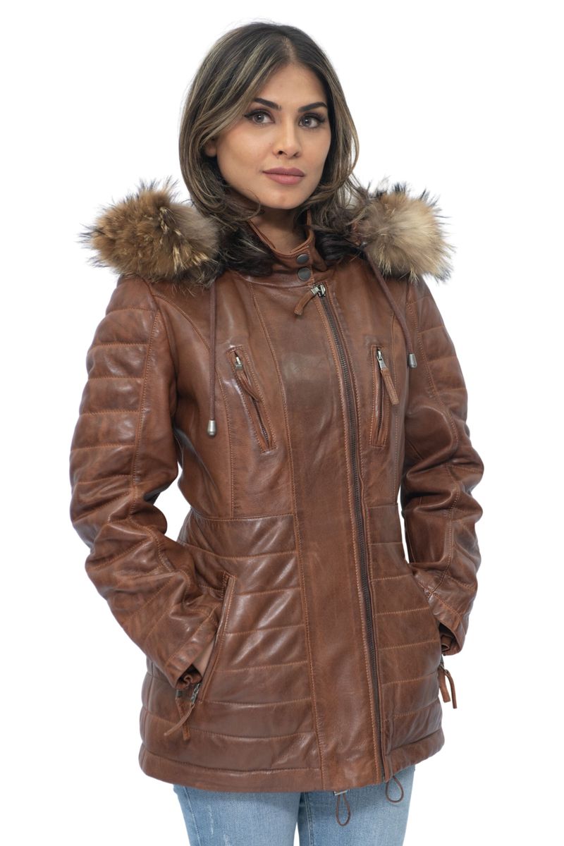Gesteppter Nappa-Lederparka mit Fellbesatz