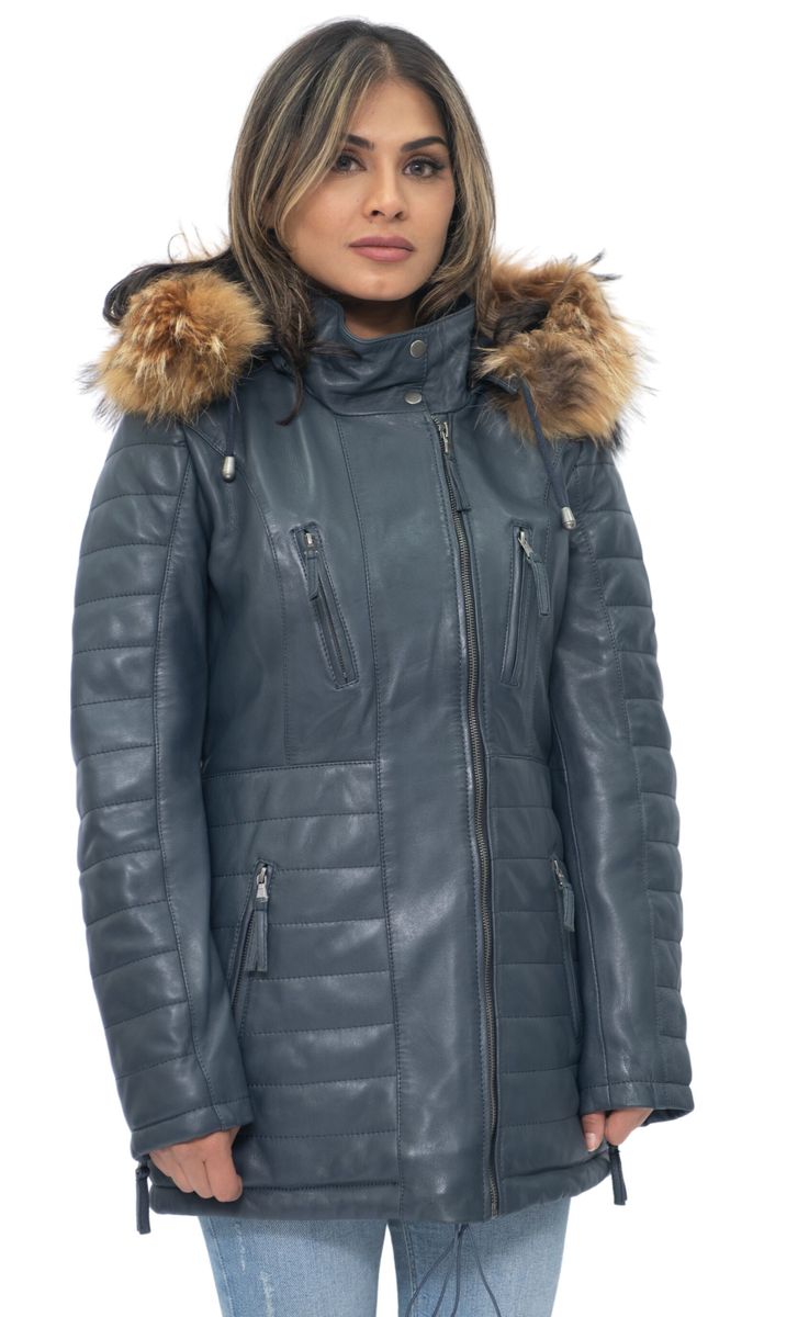 Gesteppter Nappa-Lederparka mit Fellbesatz