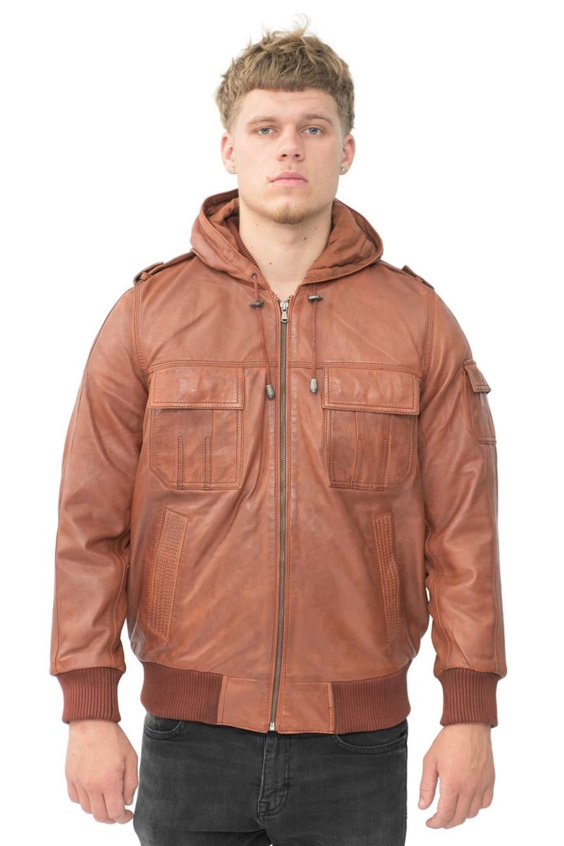 Herren Hellbraune Leder Bomberjacke mit Kapuze