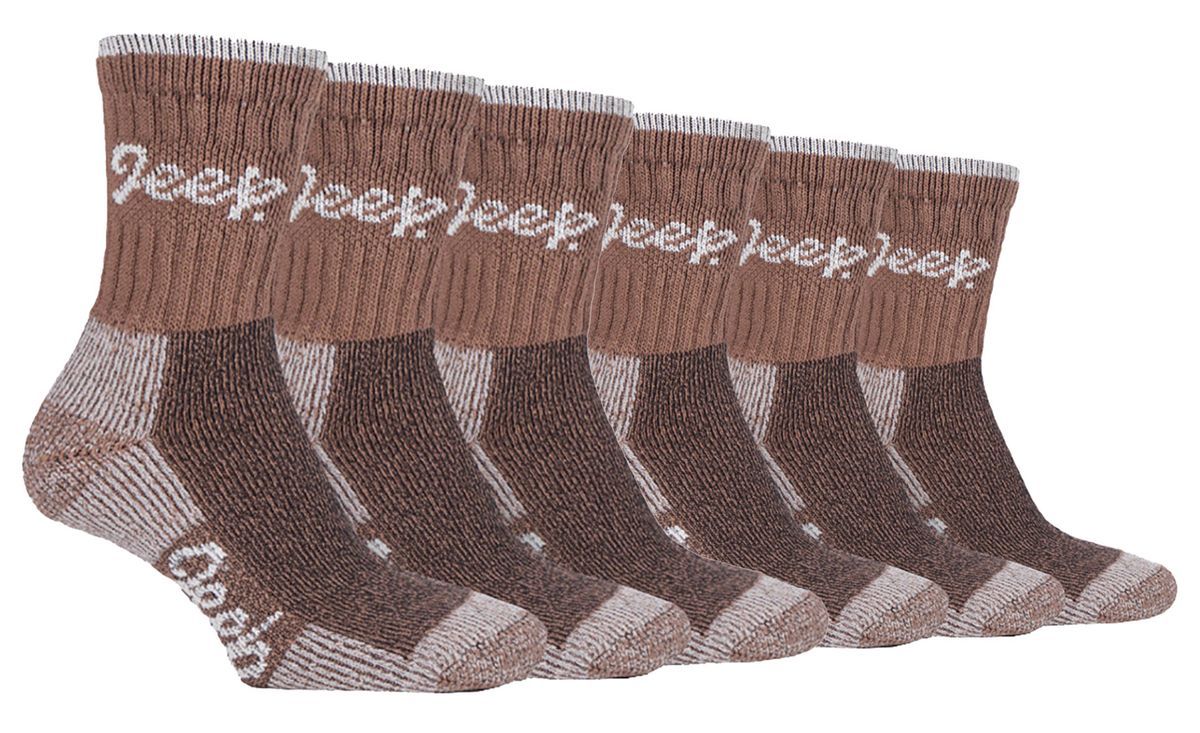 JEEP 6 Paar Multipack Damen Baumwolle atmungsaktive gepolsterte Wandersocken | Gepolsterte Anti-Blister-Crew-Trekkingsocken für Damen Hellbraun / Creme