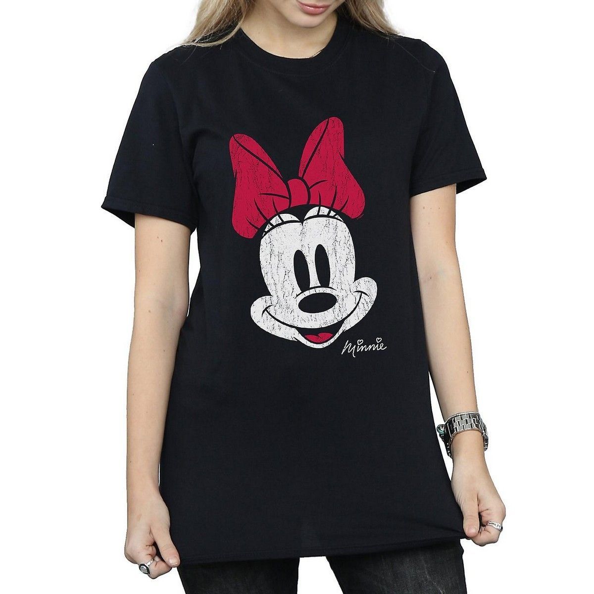 Disney Damen/Damen Mickey Mouse Baumwoll-Boyfriend-T-Shirt mit Distressed-Effekt (Schwarz)