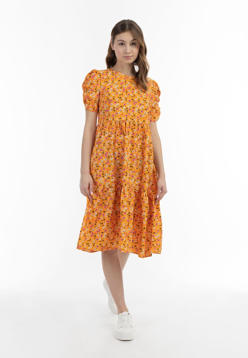 Florales Stufen-Midikleid mit Puffärmeln