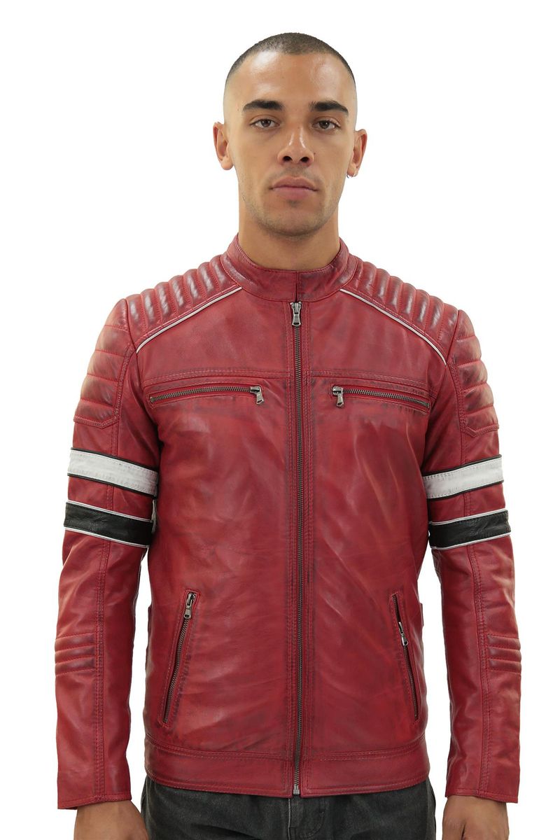Rote Leder-Rennjacke mit Streifen