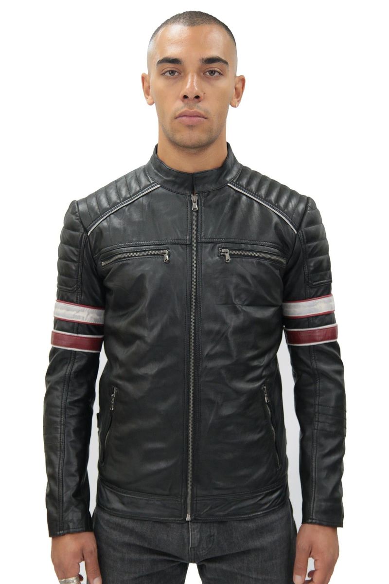 Rote Leder-Rennjacke mit Streifen