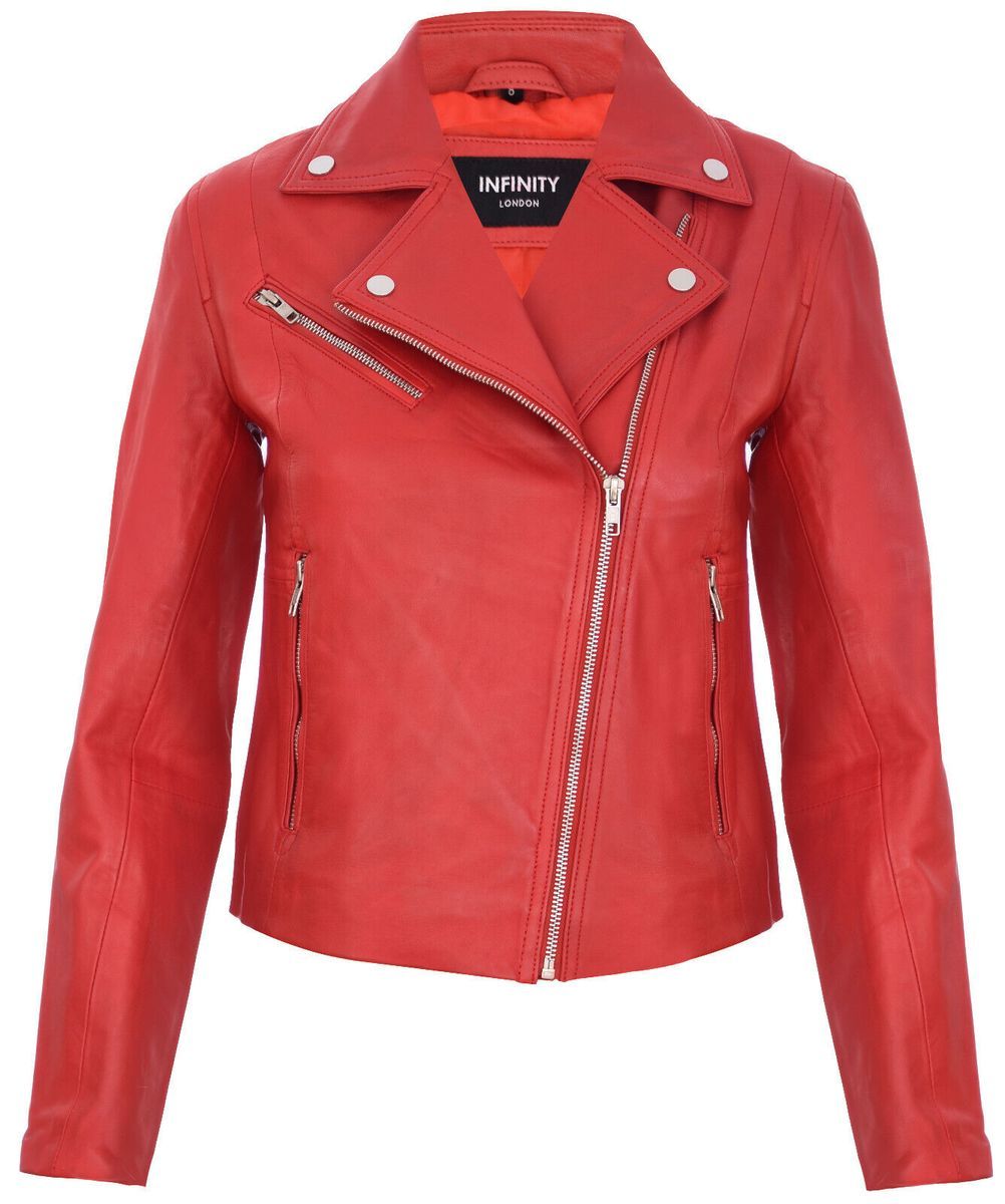 Damen Leder Biker Jacke in Rot