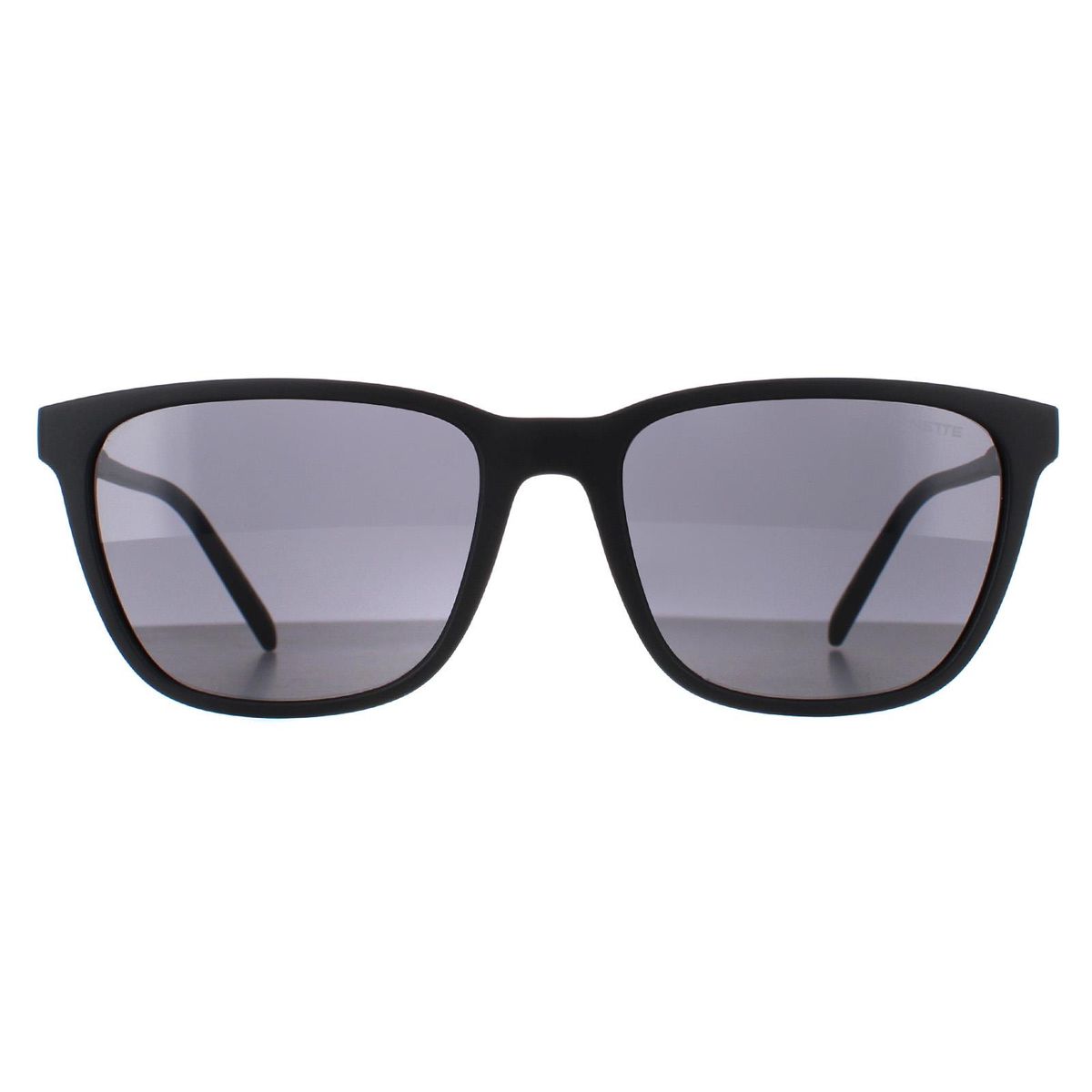 Schwarze, quadratische Sonnenbrille mit grauen Gläsern