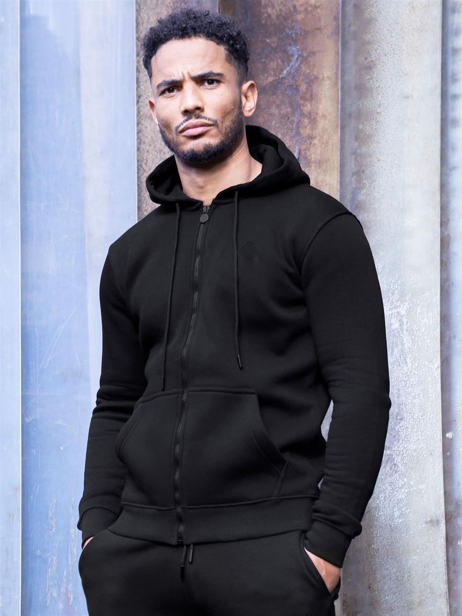 Schwarzer Herren-Kapuzenpullover mit Reißverschluss