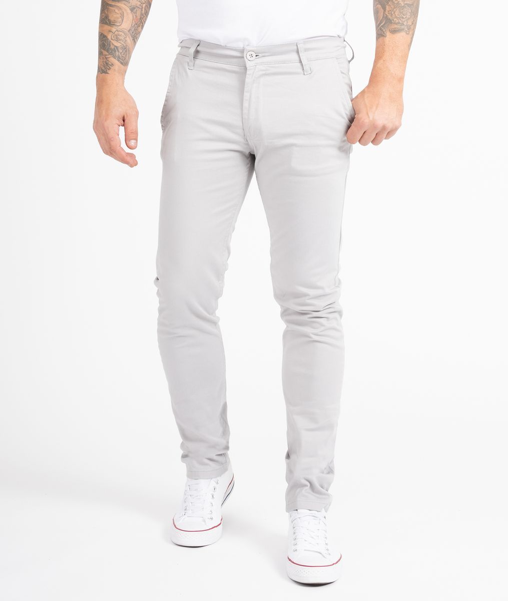 Schmal geschnittene hellgraue Chino-Hose