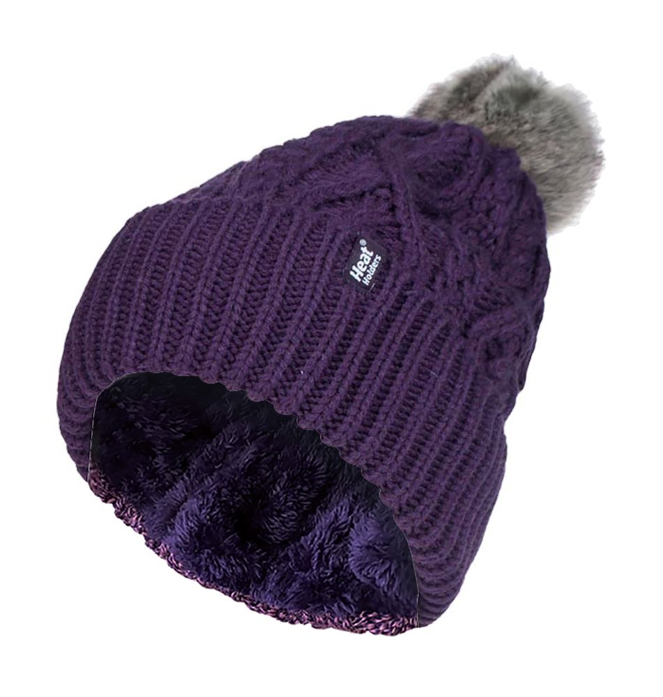 Ladies Ribbed Cuffed Pom Pom Bobble Beanie Mütze mit Fleece-Futter