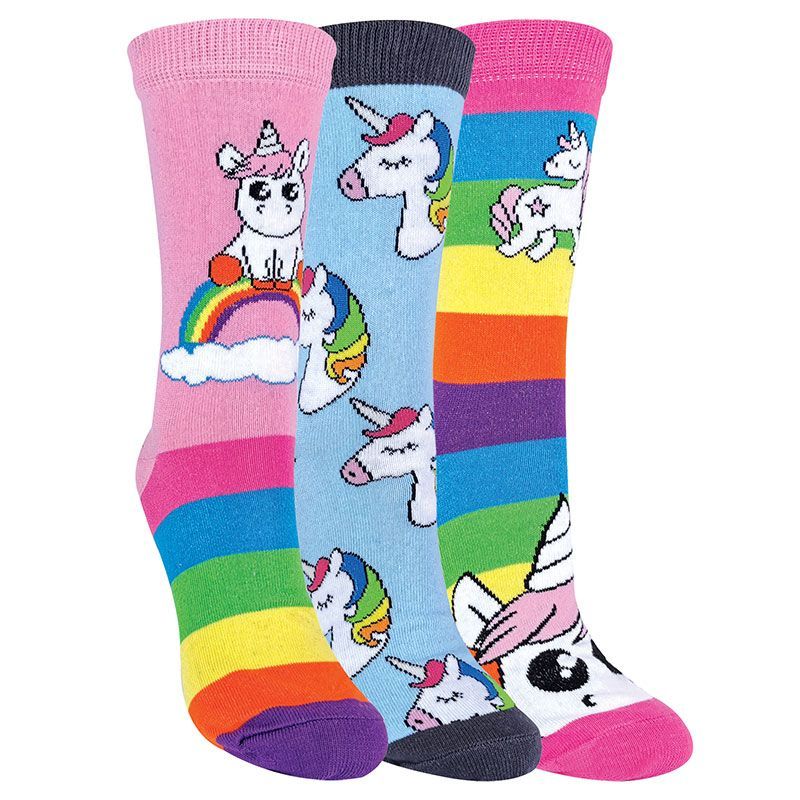 Childrens Mädchen 3 Pack mythische Einhorn gestreift Regenbogen Thema Socken