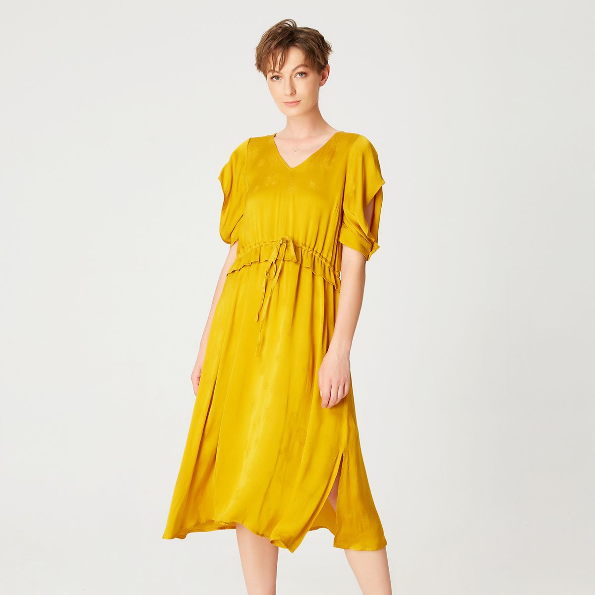 Midikleid mit V-Ausschnitt und Kordelzug