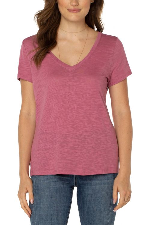 Lässiges V-Ausschnitt Slub Strick T-Shirt