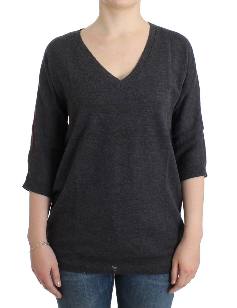 Graues Kurzarm-Strickoberteil mit V-Ausschnitt für Damen