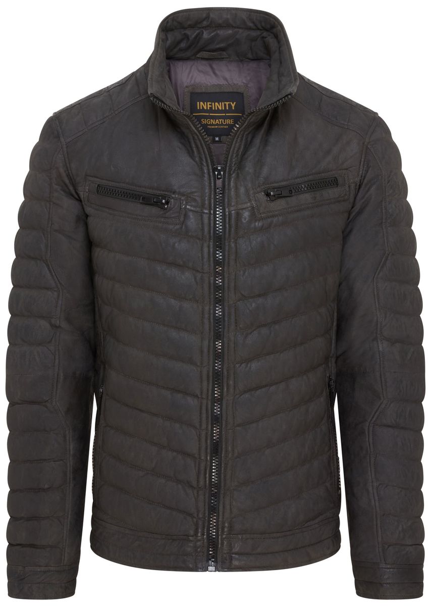 Khakifarbene gesteppte Pufferlederjacke für Herren
