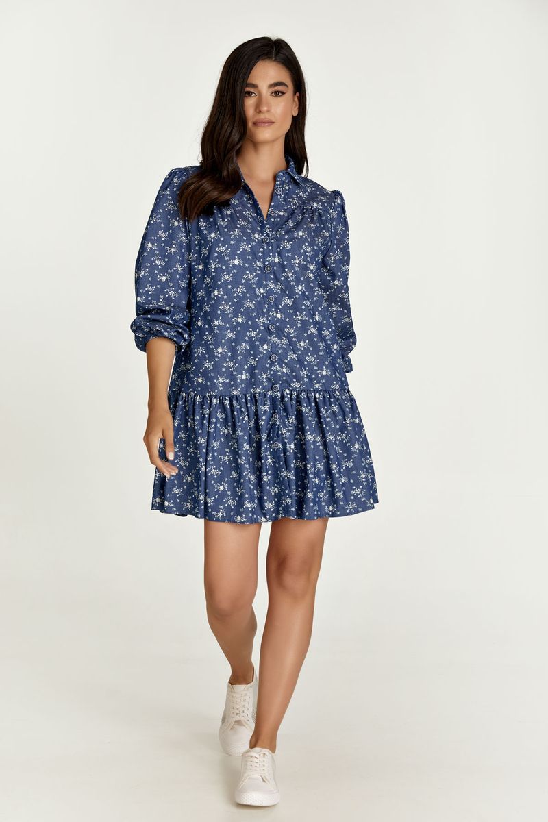 Indigoblaues Blümchen-Hemdkleid