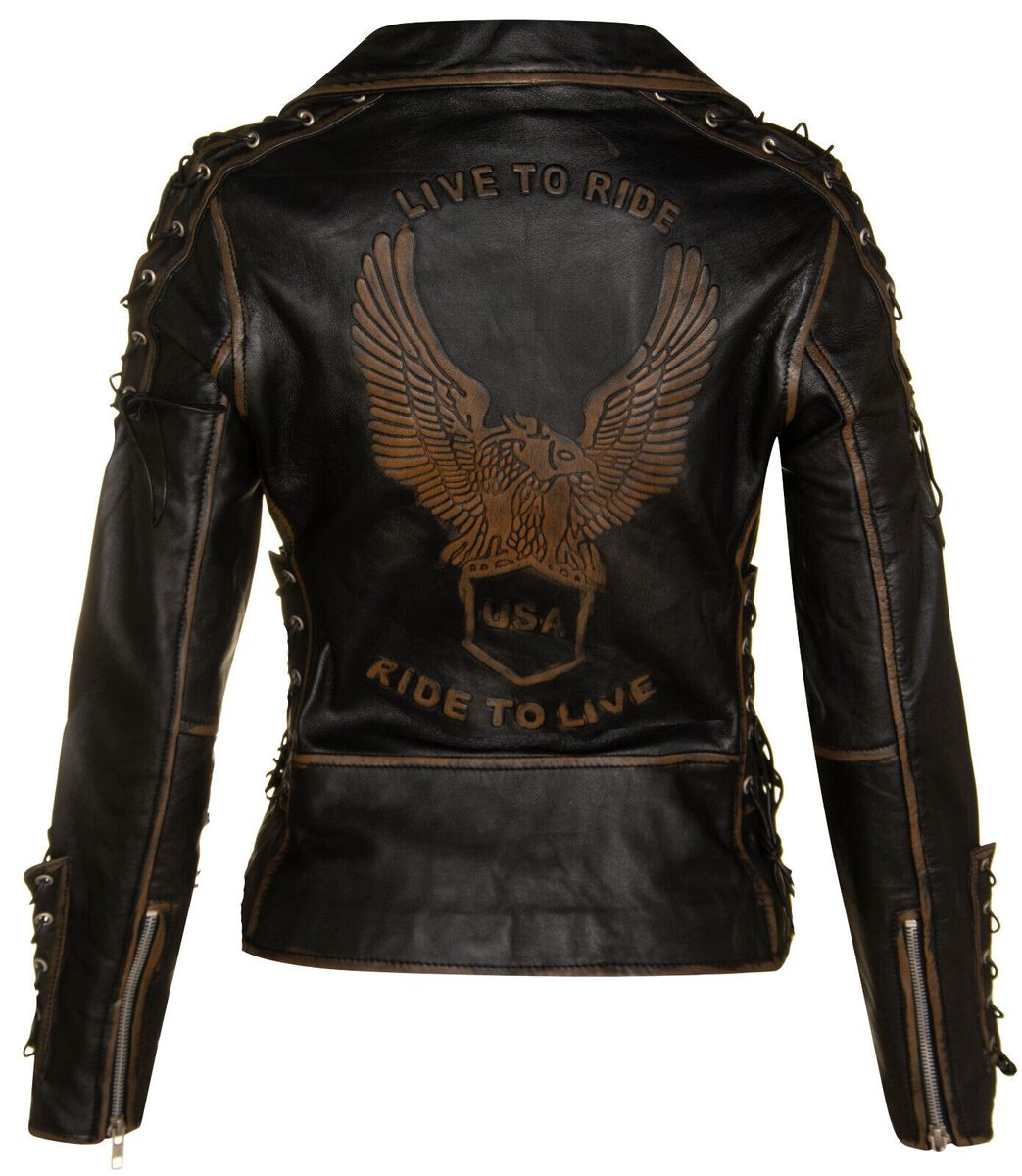Bikerjacke mit Schnürung und Adler-Prägung