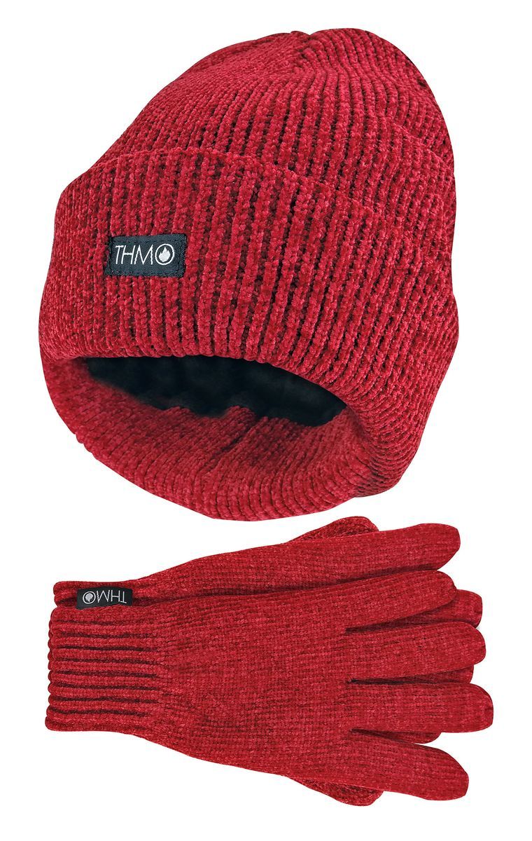 Damen Thinsulate Mütze und Handschuhe Set | THMO | Weiche Chenille gerippte Beanie Mütze & Handschuhe für Frauen - Rot