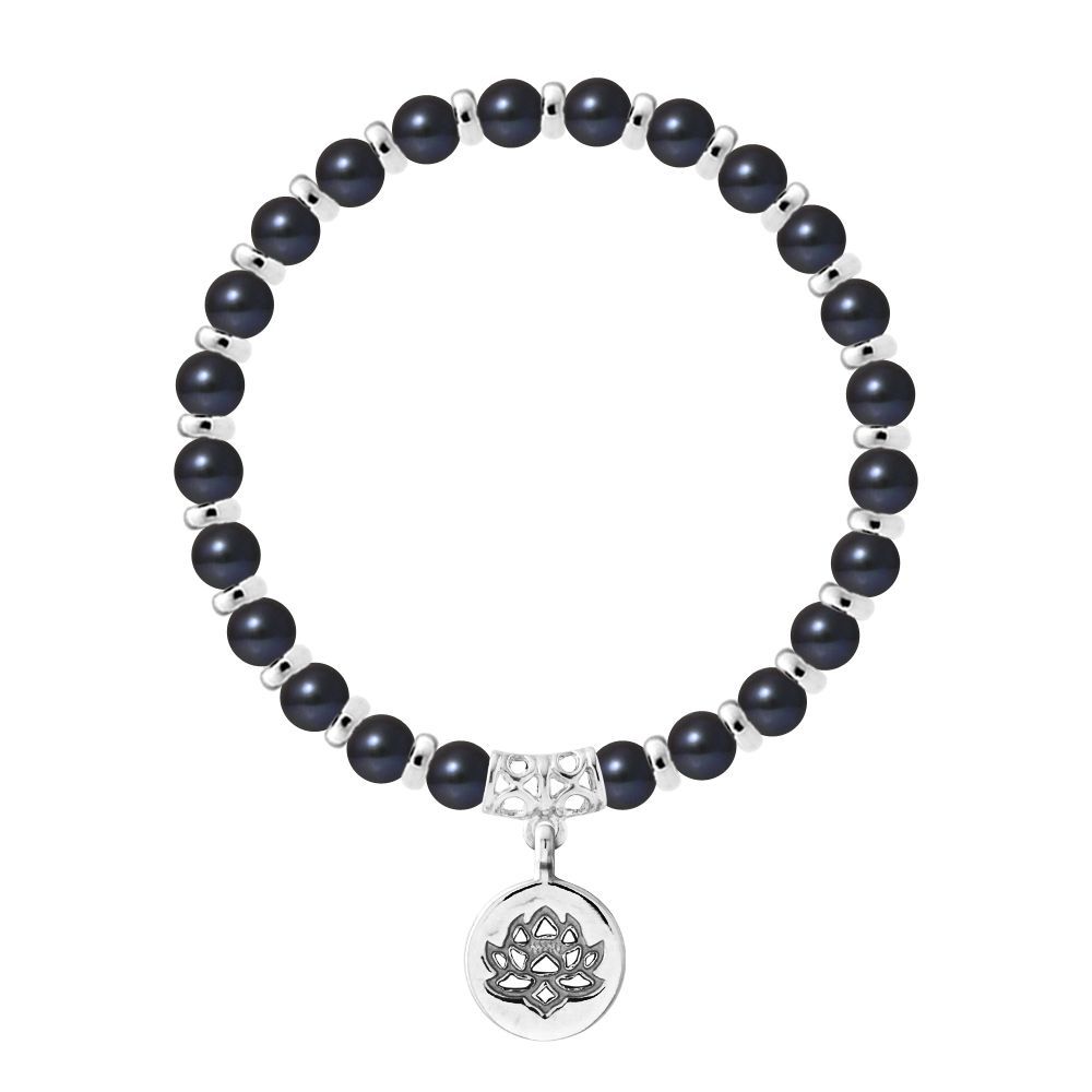 Schwarzes Perlenarmband mit Lotus-Anhänger