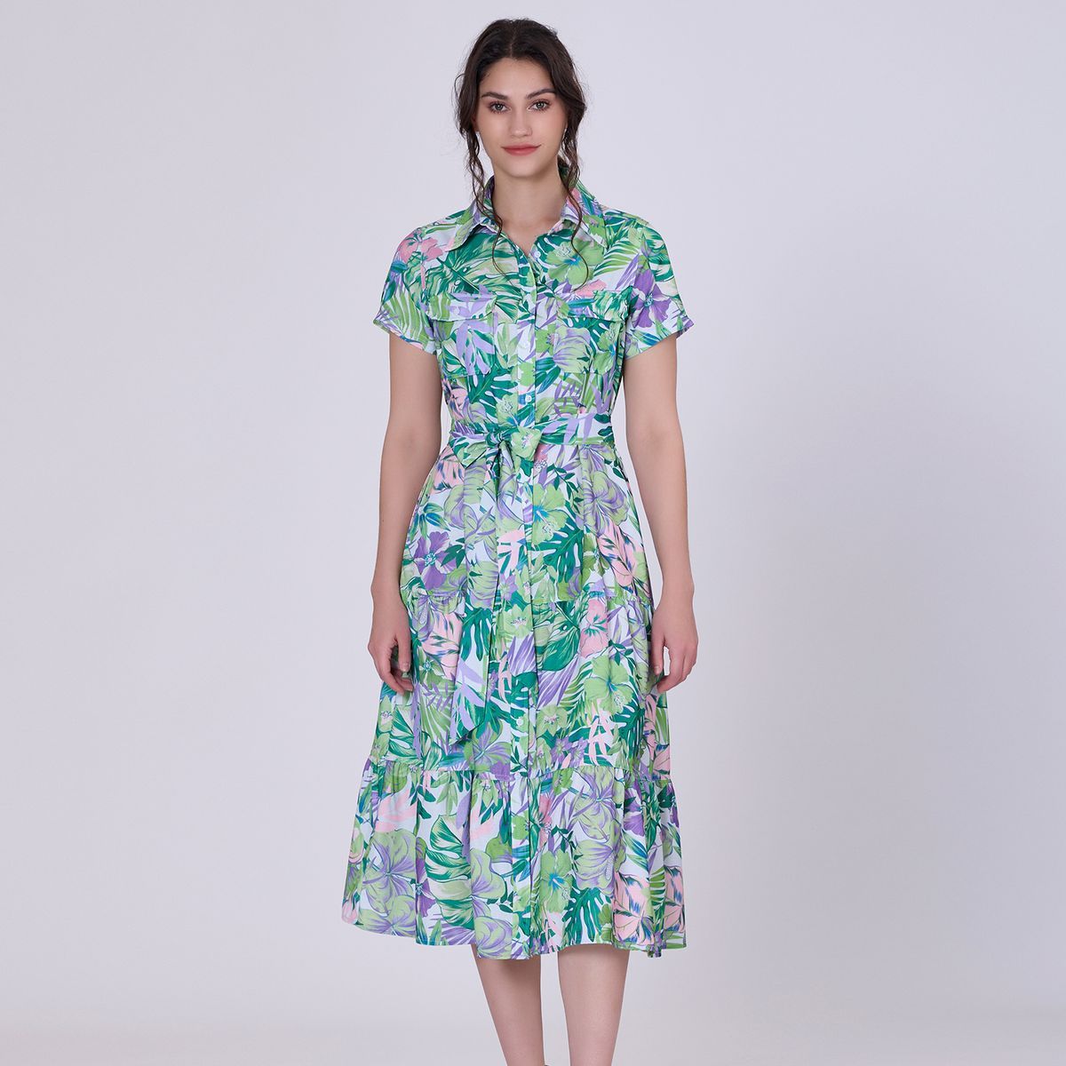 Midi-Hemdkleid mit tropischem Print