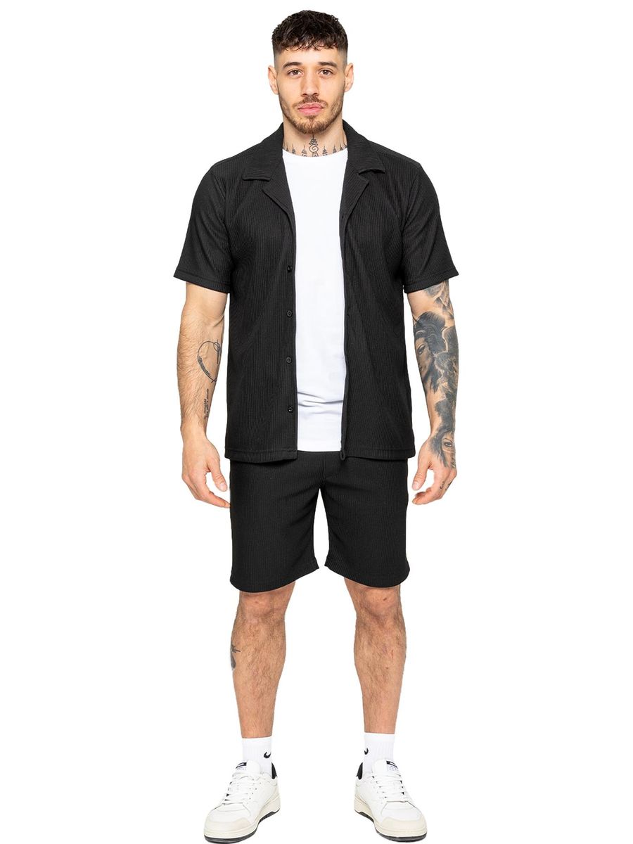 Herren Strukturierter Strick Hemd & Shorts Set