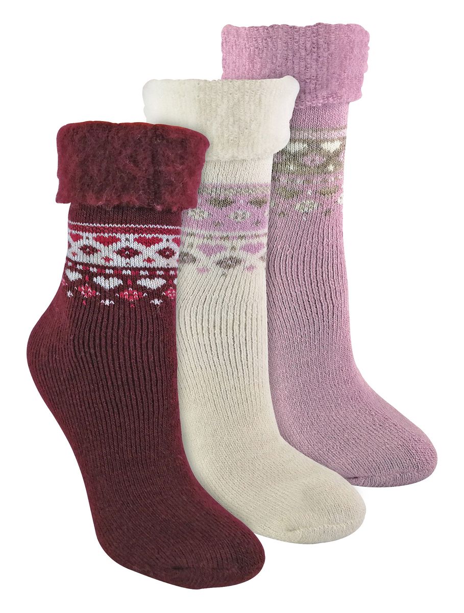 3er-Pack Damen Wollsocken im nordischen Design - Deep Fuchsia / Pink / Cream