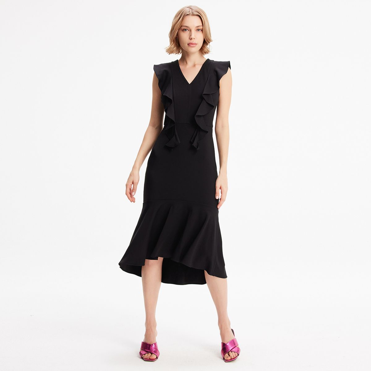 Gerüschtes V-Ausschnitt Midikleid