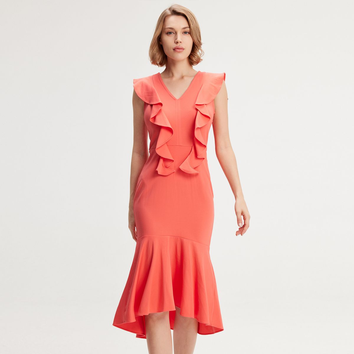 Gerüschtes V-Ausschnitt Midikleid