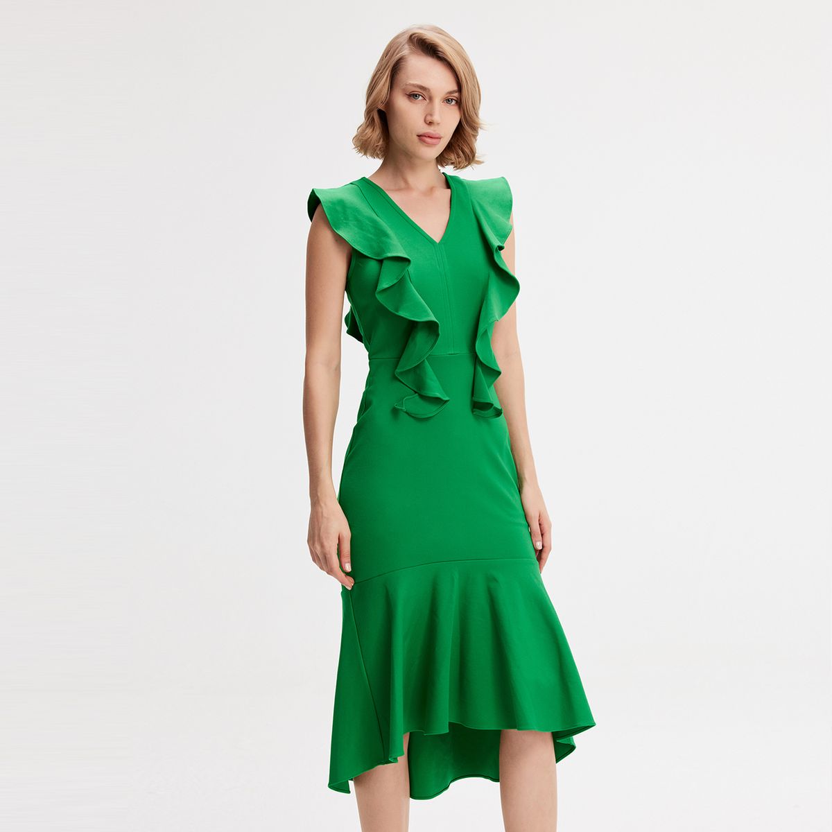 Gerüschtes V-Ausschnitt Midikleid