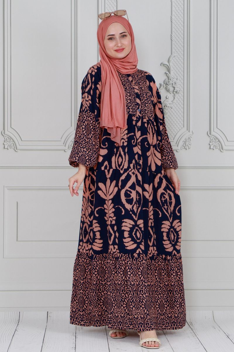 Gemustertes Langarm-Maxikleid