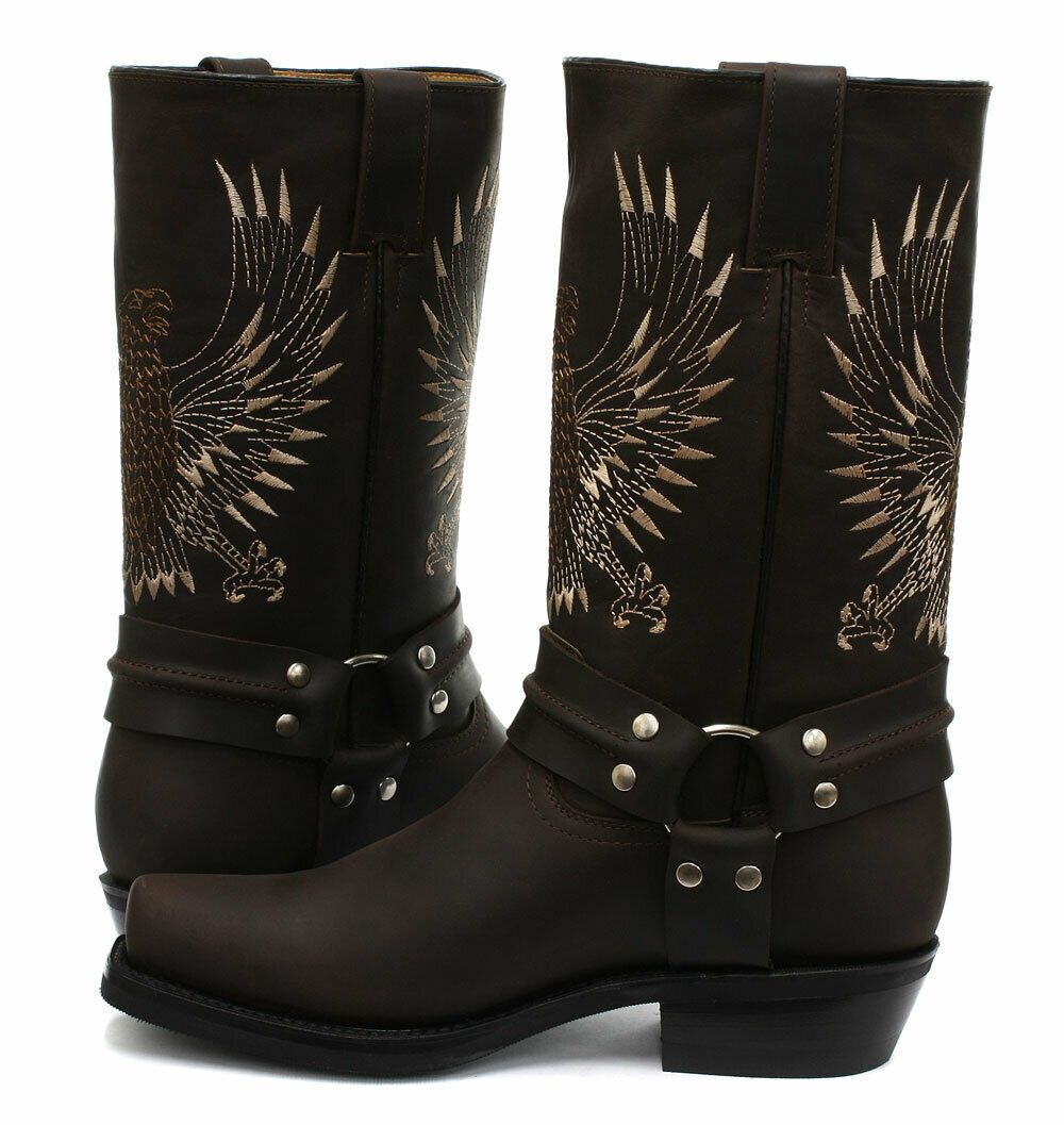 Lederstiefel mit Adlerstickerei und Harness