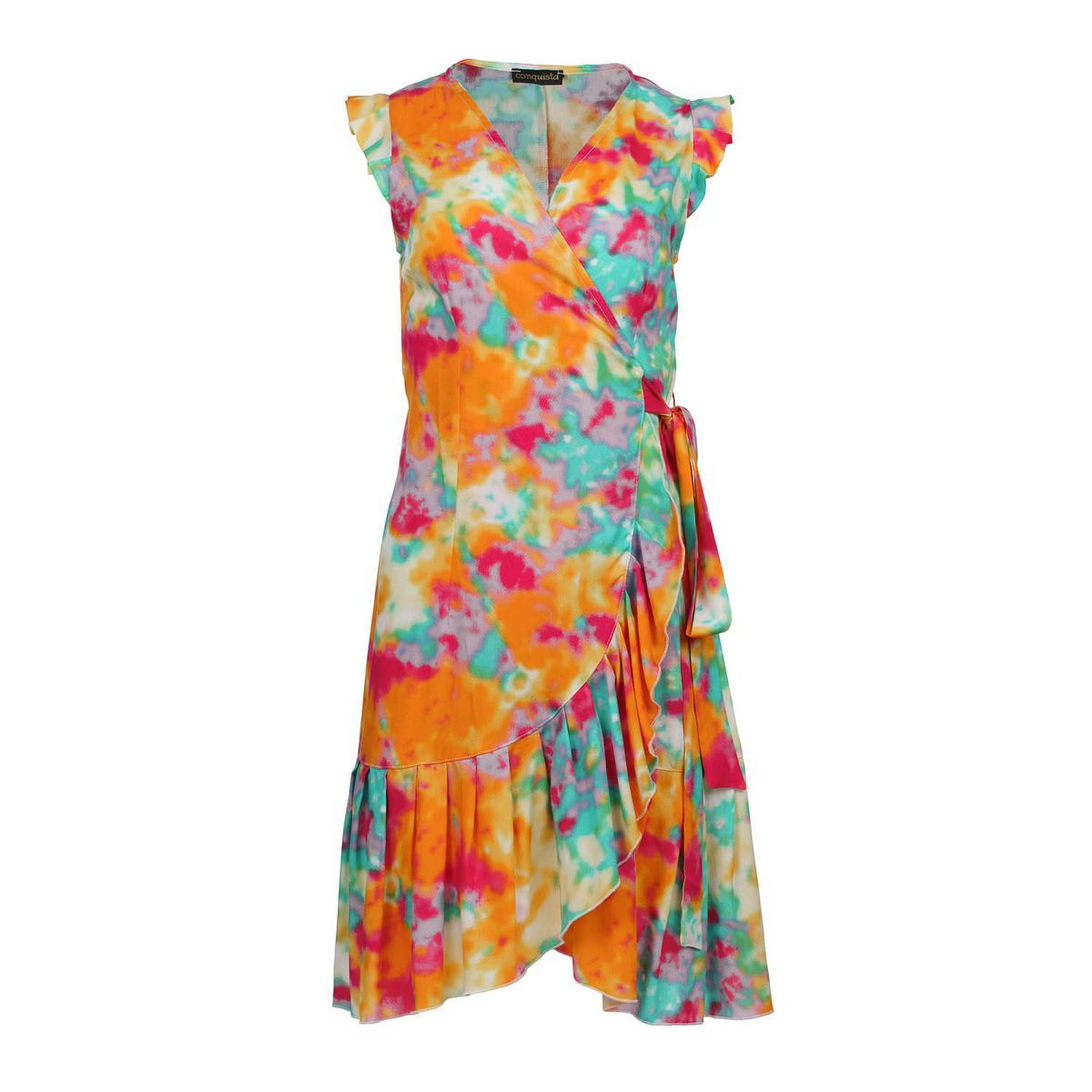 Farbenfrohes Rüschen-Wickelkleid mit Bindegürtel