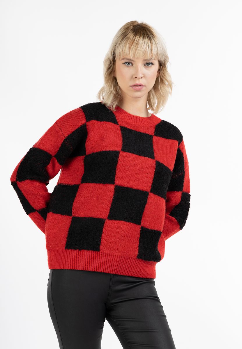 Flauschiger Strickpullover mit Karomuster