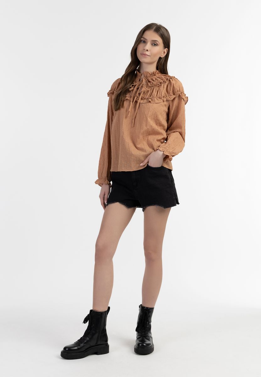 Baumwollbluse mit Rüschen und Puffärmeln