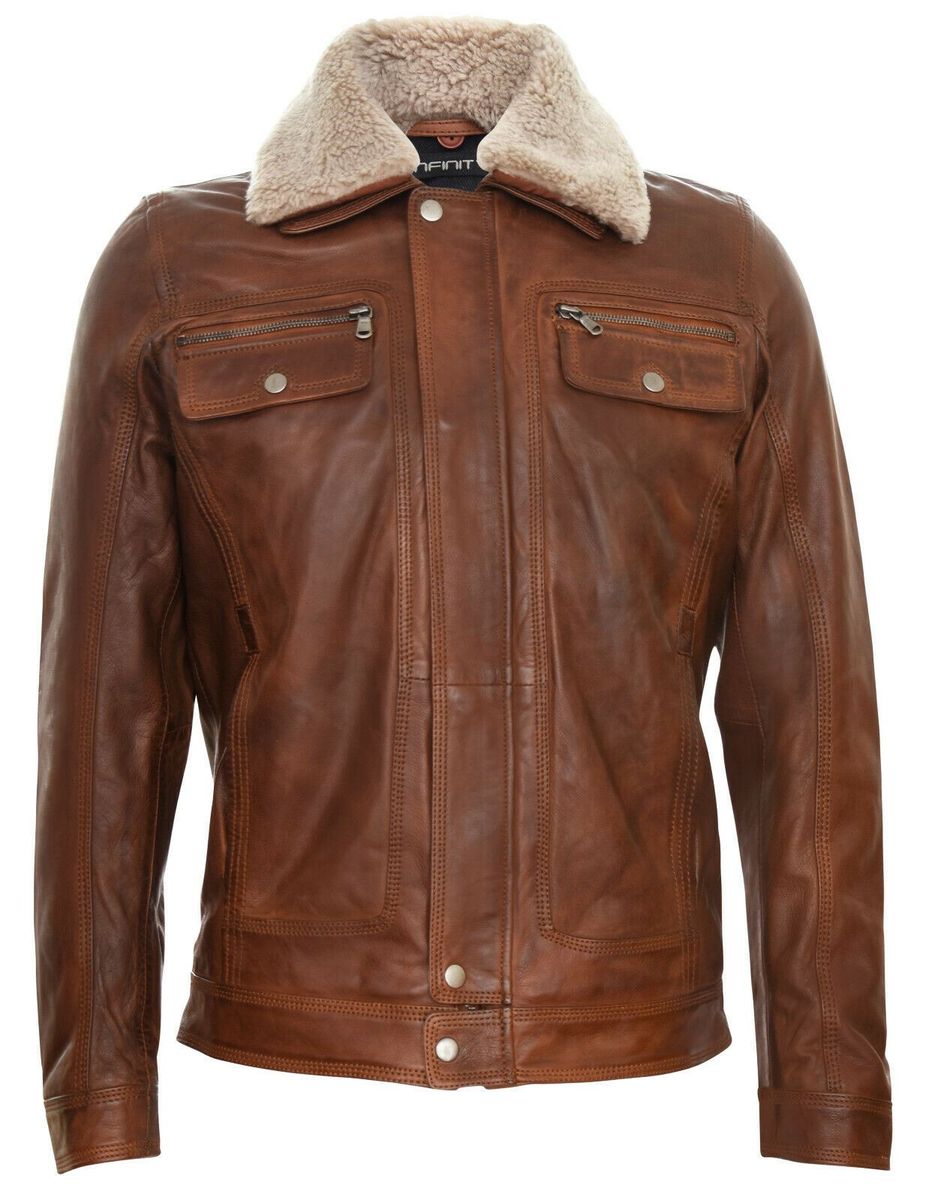 Braune Leder Trucker Jacke Shearling Kragen