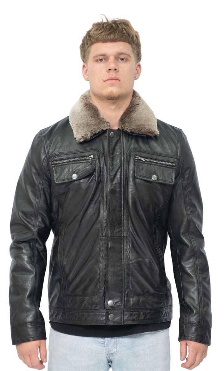 Braune Leder Trucker Jacke Shearling Kragen